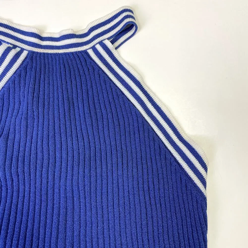 St John Sport by Marie Gray Blue Ribbed Knit Halter Tank Top S Striped - Picture 11 of 16
